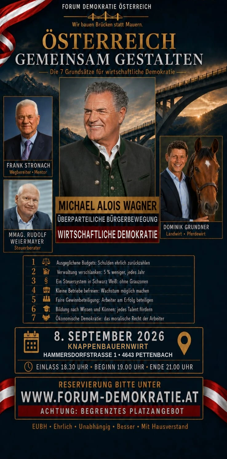 Plakat „Österreich gemeinsam gestalten“ zur Podiumsdiskussion in Pettenbach. Balken unter dem Porträt: Michael Alois Wagner – überparteiliche Bürgerbewegung – wirtschaftliche Demokratie.